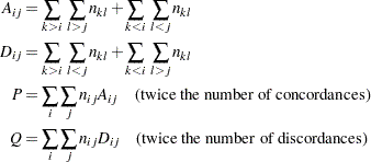 \[ \begin{aligned} R1_{i} & = \sum _{k<i} n_{k \cdot } + (n_{i \cdot } + 1) / 2 \quad & & i = 1, 2, \ldots , R \\ C1_{j} & = \sum _{l<j} n_{\cdot l} + (n_{\cdot j} + 1) / 2 \quad & & j = 1, 2, \ldots , C \end{aligned} \]