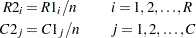 \[ \begin{aligned} R3_{i} & = R1_{i} / (n + 1) \quad & & i = 1, 2, \ldots , R \\ C3_{j} & = C1_{j} / (n + 1) \quad & & j = 1, 2, \ldots , C \end{aligned} \]
