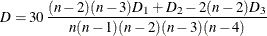 \[ D = 30 \, \frac{(n-2)(n-3)D_1+D_2-2(n-2)D_3}{n(n-1)(n-2)(n-3)(n-4)} \]