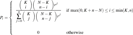 \[  P_ i= \left\{  \begin{array}{cl} \frac{ \left( \begin{array}{c} K \\ i \end{array} \right) \left( \begin{array}{c} N-K \\ n-i \end{array} \right) {\displaystyle r^ j} }{ {\displaystyle \sum _{j=0}^ n} \left( \begin{array}{c} K \\ j \end{array} \right) \left( \begin{array}{c} N-K \\ n-j \end{array} \right) {\displaystyle r^ j} } &  \mbox{if }\max (0,K+n-N)\leq i \leq \min (K,n) \\[0.5in] 0 &  \mbox{otherwise} \end{array} \right.  \]