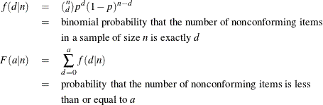 \begin{eqnarray*}  f(d|n) & = &  (\stackrel{n}{_ d})p^{d}(1-p)^{n-d} \\ & = &  \mbox{binomial probability that the number of nonconforming items }\\ & &  \mbox{in a sample of size \Mathtext{n} is exactly \Mathtext{d}} \\ F(a|n) & = &  \sum _{d=0}^{a}f(d|n) \\ & = &  \mbox{probability that the number of nonconforming items is less} \\ & &  \mbox{than or equal to \Mathtext{a}} \end{eqnarray*}