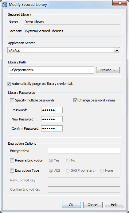 the modify secured library dialog box