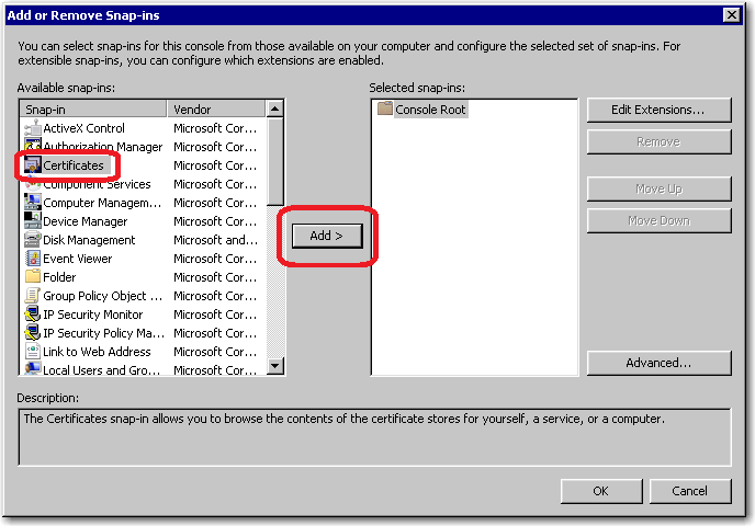 Add or Remove Snap-ins dialog box