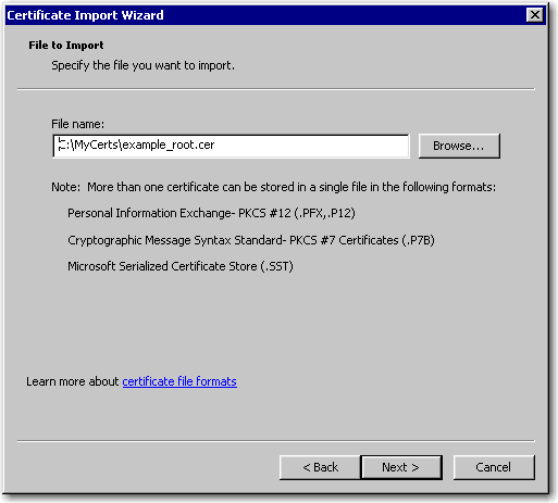 Certificate Import Wizard page