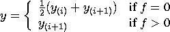 y = \{ \frac{1}2 ( y_{(i)} + y_{(i+1)}) & {if f = 0} \ y_{(i+1)} & {if f \gt 0} \ .