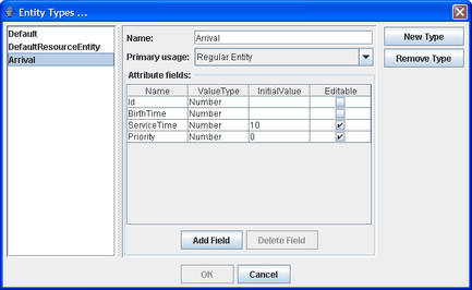 Entity Types Dialog Box for the Priority-Based Preemption Model