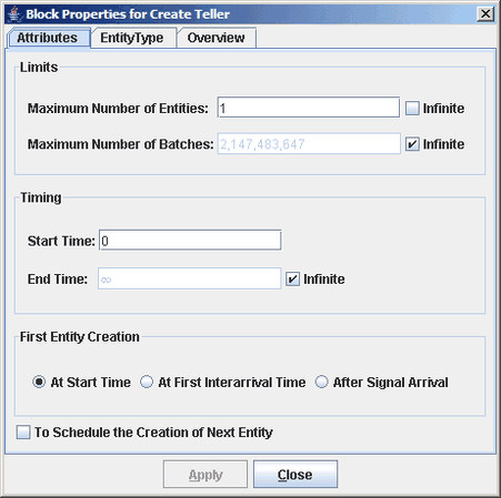 Block Properties for Create Teller Dialog Box