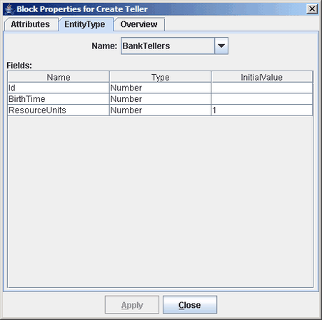 EntityTypes Tab in Block Properties for Create Teller Dialog Box