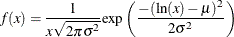\[  f(x) = \frac{1}{x\sqrt {2\pi \sigma ^2}}\mbox{exp}\left(\frac{-(\mbox{ln}(x) - \mu )^2}{2\sigma ^2}\right)  \]