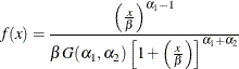 \[  f(x) = \frac{\left(\frac{x}{\beta }\right)^{\alpha _1 - 1}}{\beta G(\alpha _1, \alpha _2)\left[1 + \left(\frac{x}{\beta }\right)\right]^{\alpha _1 + \alpha _2}}  \]