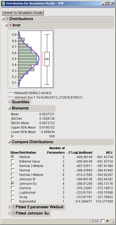 Distribution for Simulation Studio - JMP Window
