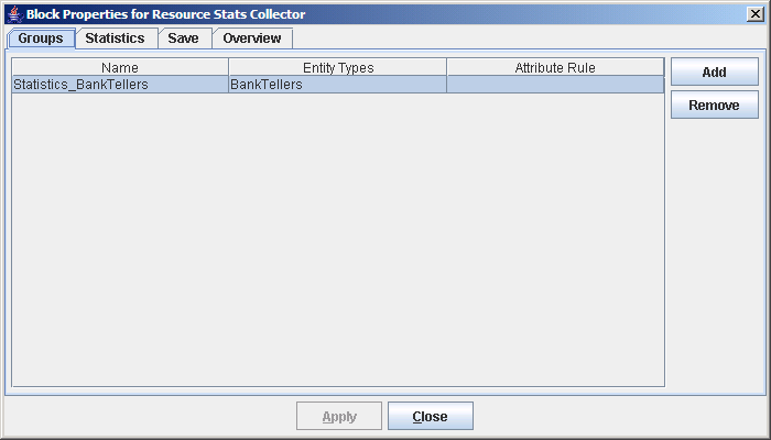 Groups Tab in Resource Stats Collector Block Properties Dialog Box