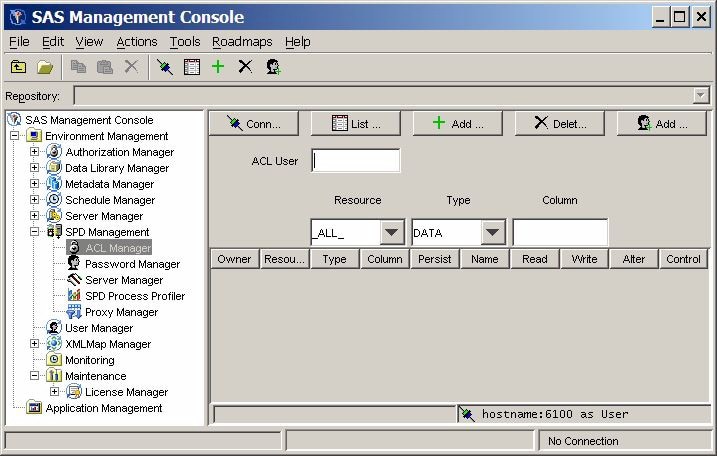 View of SPD Server ACL Manager in the SPDS Manager folder of the SAS Management console.