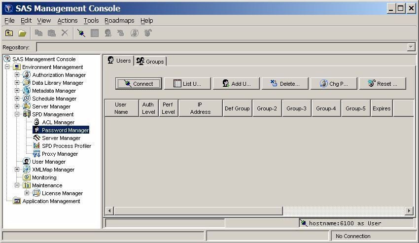 Window View of the SPD Server Password Manager in SAS Management Console after connecting to the SPD Server host.