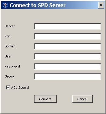 Connect to SPD Server window to specify Server, Port, Domain, User, Password, Group, and ACL Special.