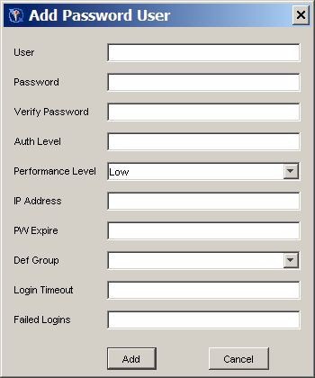 Add Password User window with fields for User, Password, Verify Password,
