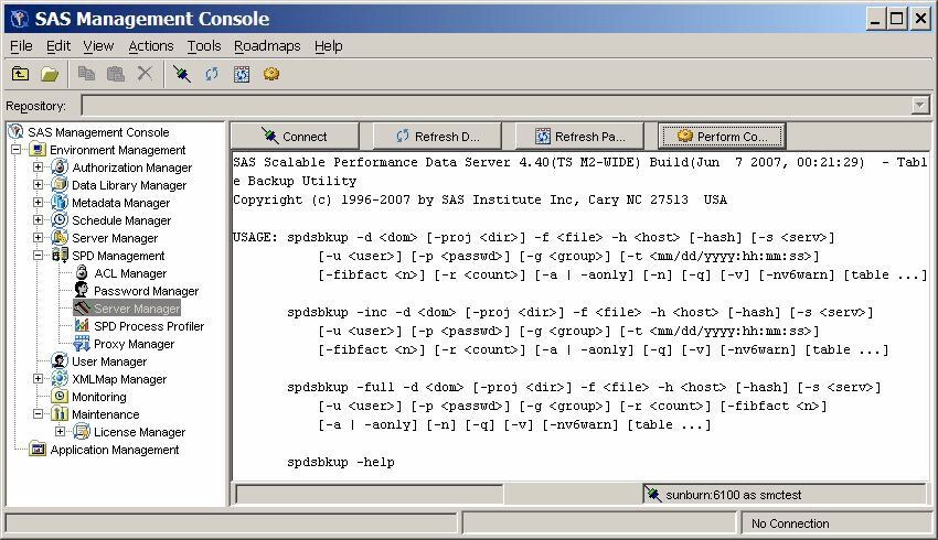 Example output of the spdsbkup command in the Server Manager panel