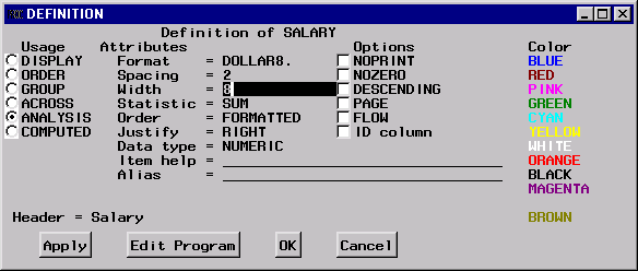 Selecting display options for the Salary column