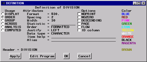 Selecting display options for the DIVISION column