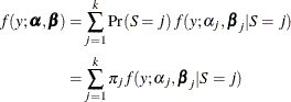 \begin{align*}  f(y;\balpha ,\bbeta ) =&  \sum _{j=1}^ k \Pr (S=j)\, f(y;\alpha _ j,\bbeta _ j|S=j)\\ =&  \sum _{j=1}^ k \pi _ j f(y;\alpha _ j,\bbeta _ j|S=j) \end{align*}