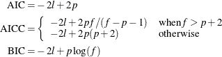 \begin{align*}  \mr {AIC} =&  -2 l + 2p \\ \mr {AICC} =&  \left\{ \begin{array}{ll} -2 l + 2 p f/(f-p-1) &  \text {when} f > p+2 \cr -2 l + 2 p (p+2) &  \text {otherwise} \end{array}\right. \\ \mr {BIC} =&  -2 l + p \log (f) \end{align*}