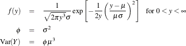 \begin{eqnarray*}  f(y) &  = &  \frac{1}{\sqrt {2\pi y^3} \sigma } \exp \left[ -\frac{1}{2y} \left( \frac{y-\mu }{\mu \sigma } \right)^2 \right]~ ~ ~  \mbox{for } 0 < y < \infty \\ \phi &  = &  \sigma ^2 \\ \mr {Var}(Y) &  = &  \phi \mu ^3 \\ \end{eqnarray*}