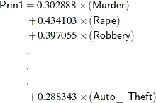 \begin{align*}  \mr {\Variable{Prin1}} & = 0.302888 \times (\mr {\Variable{Murder}})\\ &  \mr {\  } + 0.434103 \times (\mr {\Variable{Rape}}) \\ &  \mr {\  } + 0.397055 \times (\mr {\Variable{Robbery}}) \\ &  \mr {\  } . \\ &  \mr {\  } . \\ &  \mr {\  } . \\ &  \mr {\  } + 0.288343 \times (\mr {\Variable{Auto\_ Theft}}) \end{align*}
