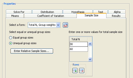  Sample Size Tab with Group Weights Form 