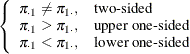 $\displaystyle \left\{  \begin{array}{ll} \pi _{\cdot 1} \ne \pi _{1 \cdot }, &  \mbox{two-sided} \\ \pi _{\cdot 1} > \pi _{1 \cdot }, &  \mbox{upper one-sided} \\ \pi _{\cdot 1} < \pi _{1 \cdot }, &  \mbox{lower one-sided} \\ \end{array} \right.  $