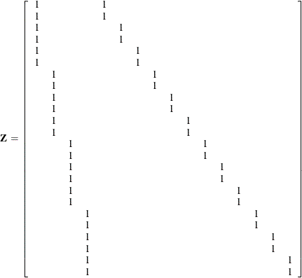 \[  \bZ \,  = \left[ \begin{array}{cccccccccccccccc} 1 & & & &  1 & & & & & & & & & & & \\ 1 & & & &  1 & & & & & & & & & & & \\ 1 & & & & &  1 & & & & & & & & & & \\ 1 & & & & &  1 & & & & & & & & & & \\ 1 & & & & & &  1 & & & & & & & & & \\ 1 & & & & & &  1 & & & & & & & & & \\ &  1 & & & & & &  1 & & & & & & & & \\ &  1 & & & & & &  1 & & & & & & & & \\ &  1 & & & & & & &  1 & & & & & & & \\ &  1 & & & & & & &  1 & & & & & & & \\ &  1 & & & & & & & &  1 & & & & & & \\ &  1 & & & & & & & &  1 & & & & & & \\ & &  1 & & & & & & & &  1 & & & & & \\ & &  1 & & & & & & & &  1 & & & & & \\ & &  1 & & & & & & & & &  1 & & & & \\ & &  1 & & & & & & & & &  1 & & & & \\ & &  1 & & & & & & & & & &  1 & & & \\ & &  1 & & & & & & & & & &  1 & & & \\ & & &  1 & & & & & & & & & &  1 & & \\ & & &  1 & & & & & & & & & &  1 & & \\ & & &  1 & & & & & & & & & & &  1 & \\ & & &  1 & & & & & & & & & & &  1 & \\ & & &  1 & & & & & & & & & & & &  1 \\ & & &  1 & & & & & & & & & & & &  1 \\ \end{array} \right] \\  \]