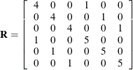 \[  \mb {R} = \left[ \begin{array}{cccccc} 4 &  0 &  0 &  1 &  0 &  0 \\ 0 &  4 &  0 &  0 &  1 &  0 \\ 0 &  0 &  4 &  0 &  0 &  1 \\ 1 &  0 &  0 &  5 &  0 &  0 \\ 0 &  1 &  0 &  0 &  5 &  0 \\ 0 &  0 &  1 &  0 &  0 &  5 \\ \end{array} \right]  \]
