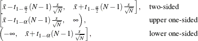 \[  \begin{array}{ll} \left[ \bar{x} - t_{1-\frac{\alpha }{2}}(N-1) \frac{s}{\sqrt {N}}, \quad \bar{x} + t_{1-\frac{\alpha }{2}}(N-1) \frac{s}{\sqrt {N}} \right], &  \mbox{two-sided} \\ \left[ \bar{x} - t_{1-\alpha }(N-1) \frac{s}{\sqrt {N}}, \quad \infty \right), &  \mbox{upper one-sided} \\ \left( -\infty , \quad \bar{x} + t_{1-\alpha }(N-1) \frac{s}{\sqrt {N}} \right], &  \mbox{lower one-sided} \\ \end{array}  \]
