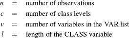 \begin{eqnarray*}  n &  = &  \mbox{number of observations} \\ c &  = &  \mbox{number of class levels} \\ v &  = &  \mbox{number of variables in the VAR list} \\ l &  = &  \mbox{length of the CLASS variable} \\ \end{eqnarray*}