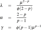 \begin{eqnarray*}  \lambda & =&  \frac{\mu ^{2-p}}{\phi (2-p)} \\ \alpha & =&  \frac{2-p}{p-1} \\ \gamma & =&  \phi (p-1) \mu ^{p-1} \end{eqnarray*}