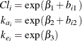 \begin{align*}  Cl_ i & = \exp (\beta _1 + b_{i1}) \\ k_{a_ i} & = \exp (\beta _2 + b_{i2}) \\ k_{e_ i} & = \exp (\beta _3) \end{align*}