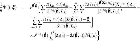 \begin{eqnarray*}  \frac{1}{n}\hat{\Psi }_ i(t,\bxi ) & = &  \mr {e}^{\hat{\bbeta }\bxi } \biggl \{  \sum _ k \frac{I(T_{ki}\le t)\Delta _{ik}}{S^{(0)}(\hat{\bbeta },T_{ki})} - \sum _{j=1}^ n\sum _ k \frac{Y_ i(T_{kj}) \mr {e}^{\hat{\bbeta }\bZ _ i(T_{kj})}I(T_{kj} \le t)\Delta _{kj}}{[S^{(0)}(\hat{\bbeta },T_{kj})]^2} - \\ & &  \biggl [ \sum _{i=1}^ n \sum _ k \frac{I(T_{ki}\le t)\Delta _{ik} [\bar{\bZ }(\hat{\bbeta },T_{ki}) - \bxi ]}{S^{(0)}(\hat{\bbeta },T_{ki})} \biggr ] \\ & &  \times \mc {I}^{-1}(\hat{\bbeta })\int _0^{\tau } [\bZ _ i(u) - \bar{\bZ }(\hat{\bbeta },u)]d\hat{M}_ i(u)\biggl \}  \end{eqnarray*}