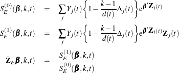 \begin{eqnarray*}  S_ E^{(0)}(\bbeta ,k, t) & =&  \sum _{j} Y_{j}(t) \biggl \{ 1- \frac{k-1}{d(t)} \Delta _{j}(t) \biggr \} \mr {e}^{\bbeta \bZ _{j}(t)} \\ S_ E^{(1)}(\bbeta ,k,t) & =&  \sum _{j} Y_{j}(t) \biggl \{ 1- \frac{k-1}{d(t)} \Delta _{j}(t) \biggr \}  \mr {e}^{\bbeta \bZ _{j}(t)} \bZ _{j}(t) \\ \bar{\bZ }_ E\bbeta ,k,t) & =&  \frac{ S_ E^{(1)}(\bbeta ,k,t)}{ S_ E^{(0)}(\bbeta ,k,t) } \end{eqnarray*}