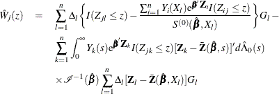 \begin{eqnarray*}  \hat{W}_{j}(z) &  = &  \sum _{l=1}^ n \Delta _ l \biggl \{ I(Z_{jl} \le z) - \frac{\sum _{i=1}^ n Y_ i(X_ l)\mr {e}^{\bbeta \bZ _ i}I(Z_{ij}\le z)}{S^{(0)}(\hat{\bbeta },X_ l)}\biggr \} G_ l - \\ & &  \sum _{k=1}^ n \int _0^\infty Y_ k(s) \mr {e}^{\hat{\bbeta }\bZ _ k} I(Z_{jk} \le z) [\bZ _ k - \bar{\bZ }(\hat{\bbeta },s)]’d\hat{\Lambda }_0(s) \\ & &  \times \mc {I}^{-1}(\hat{\bbeta }) \sum _{l=1}^ n \Delta _ l [\bZ _ l -\bar{\bZ }(\hat{\bbeta },X_ l) ] G_ l \\ \end{eqnarray*}