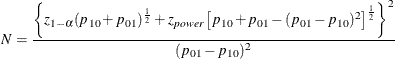 \[  N = \frac{\left\{ z_{1-\alpha }(p_{10}+p_{01})^\frac {1}{2} + z_{\mathit{power}} \left[p_{10}+p_{01} - (p_{01}-p_{10})^2 \right]^\frac {1}{2} \right\} ^2}{(p_{01}-p_{10})^2}  \]