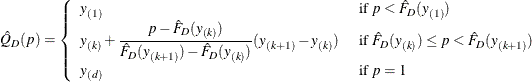 \[  \hat Q_ D(p)= \left\{  \begin{array}{ll} y_{(1)} &  \mbox{ if } p<\hat F_ D(y_{(1)}) \\ y_{(k)}+\displaystyle {\frac{p-\hat F_ D(y_{(k)})}{\hat F_ D(y_{(k+1)})-\hat F_ D(y_{(k)})}} (y_{(k+1)}-y_{(k)}) &  \mbox{ if } \hat F_ D(y_{(k)}) \le p < \hat F_ D(y_{(k+1)}) \\ y_{(d)} &  \mbox{ if } p=1 \end{array} \right.  \]