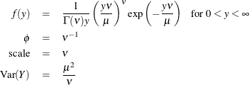 \begin{eqnarray*}  f(y) &  = &  \frac{1}{\Gamma (\nu )y} \left( \frac{y\nu }{\mu } \right)^{\nu } \exp \left(-\frac{y \nu }{\mu } \right)~ ~ ~  \mbox{for } 0 < y < \infty \\ \phi &  = &  \nu ^{-1} \\ \mr{scale} &  = &  \nu \\ \mr{Var}(Y) &  = &  \frac{\mu ^2}{\nu } \\ \end{eqnarray*}