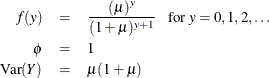 \begin{eqnarray*}  f(y) &  = &  \frac{(\mu )^ y}{(1+\mu )^{y+1}}~ ~ ~  \mbox{for } y = 0,1,2,\ldots \\ \phi &  = &  1 \\ \mr{Var}(Y) &  = &  \mu (1+\mu ) \\ \end{eqnarray*}