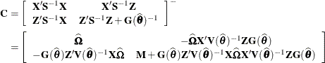 \begin{align*}  \mb{C} & = \left[ \begin{array}{cc} \mb{X}’\mb{S}^{-1}\mb{X} &  \mb{X}’\mb{S}^{-1}\mb{Z} \\ \mb{Z}’\mb{S}^{-1}\mb{X} &  \mb{Z}’\mb{S}^{-1}\mb{Z} + \mb{G}(\widehat{\btheta })^{-1} \end{array} \right]^{-} \\ & = \left[ \begin{array}{cc} \widehat{\bOmega } &  -\widehat{\bOmega }\mb{X}’\mb{V}(\widehat{\btheta })^{-1}\mb{Z}\mb{G}(\widehat{\btheta }) \\ -\mb{G}(\widehat{\btheta })\mb{Z}’\mb{V}(\widehat{\btheta })^{-1}\mb{X}\widehat{\bOmega } &  \mb{M} + \mb{G}(\widehat{\btheta })\mb{Z}’\mb{V}(\widehat{\btheta })^{-1}\mb{X}\widehat{\bOmega } \mb{X}’\mb{V}(\widehat{\btheta })^{-1}\mb{ZG}(\widehat{\btheta }) \end{array} \right] \end{align*}