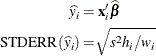 \begin{align*}  \widehat{y}_ i = & \;  \mb{x}_ i’\widehat{\bbeta } \\ \mbox{STDERR}(\widehat{y}_ i) = &  \sqrt {s^2 h_ i / w_ i} \end{align*}