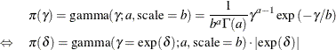 \begin{eqnarray*} & & \pi (\gamma ) = \mbox{gamma}(\gamma ; a, \mbox{scale}=b) = \frac{1}{b^ a\Gamma (a)} \gamma ^{a-1} \exp \left( -\gamma /b \right) \\ & \Leftrightarrow &  \pi (\delta ) = \mbox{gamma}(\gamma = \exp (\delta ); a, \mbox{scale}=b) \cdot \left| \exp (\delta ) \right| \end{eqnarray*}