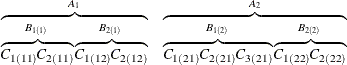 \[  \begin{array}{c c} \overbrace{\overbrace{C_{1(11)} C_{2(11)}}^{B_{1(1)}} \overbrace{C_{1(12)} C_{2(12)}}^{B_{2(1)}}}^{A_1} &  \overbrace{\overbrace{C_{1(21)} C_{2(21)} C_{3(21)}}^{B_{1(2)}} \overbrace{C_{1(22)} C_{2(22)}}^{B_{2(2)}}}^{A_2} \end{array}  \]