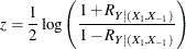 \[  z = \frac{1}{2} \log \left( \frac{1+R_{Y|(X_1,X_{-1})}}{1-R_{Y|(X_1,X_{-1})}} \right)  \]