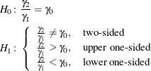 \begin{align*}  H_{0}\colon & \frac{\gamma _2}{\gamma _1} = \gamma _0 \\ H_{1}\colon & \left\{  \begin{array}{ll} \frac{\gamma _2}{\gamma _1} \ne \gamma _0, &  \mbox{two-sided} \\ \frac{\gamma _2}{\gamma _1} > \gamma _0, &  \mbox{upper one-sided} \\ \frac{\gamma _2}{\gamma _1} < \gamma _0, &  \mbox{lower one-sided} \\ \end{array} \right. \\ \end{align*}