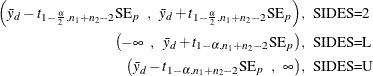 \begin{align*}  \left( \bar{y}_ d - t_{1-\frac{\alpha }{2}, n_1+n_2-2} \mr{SE}_ p \; \; , \; \;  \bar{y}_ d + t_{1-\frac{\alpha }{2}, n_1+n_2-2} \mr{SE}_ p \right) & , \; \;  \mbox{SIDES=2} \\ \left( -\infty \; \; , \; \;  \bar{y}_ d + t_{1-\alpha , n_1+n_2-2} \mr{SE}_ p \right) & , \; \;  \mbox{SIDES=L} \\ \left( \bar{y}_ d - t_{1-\alpha , n_1+n_2-2} \mr{SE}_ p \; \;  , \; \;  \infty \right) & , \; \;  \mbox{SIDES=U} \end{align*}