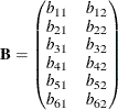 \[ \mb{B} = \left( \begin{matrix} b_{11} & b_{12} \\ b_{21} & b_{22} \\ b_{31} & b_{32} \\ b_{41} & b_{42} \\ b_{51} & b_{52} \\ b_{61} & b_{62} \\ \end{matrix} \right) \]